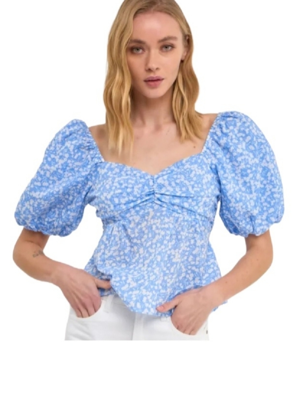 FREE THE ROSES Blue Floral Puff-Sleeve Sweetheart Blouse Size M Open Back